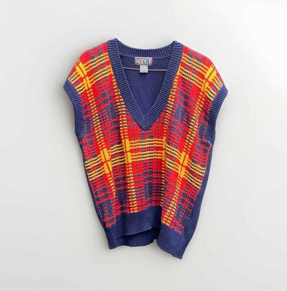 Vintage Paris Sport Club Plaid V-Neck Knit Sweater Vest Women’s Size Large